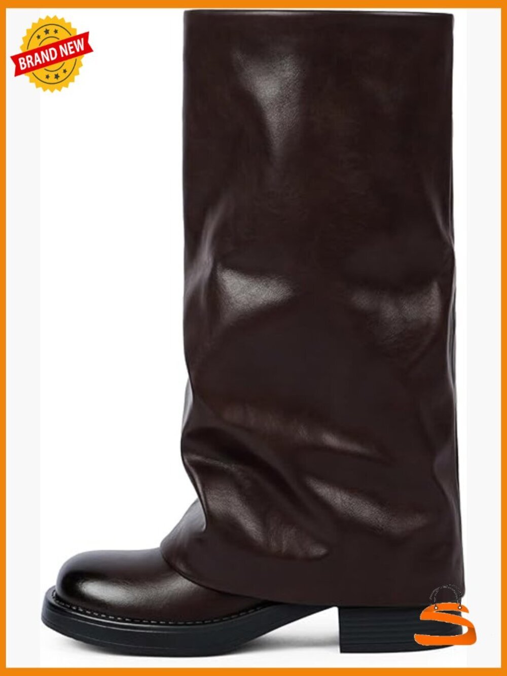 Fold Over Chunky Heel Knee High Boots Square Toe Zip